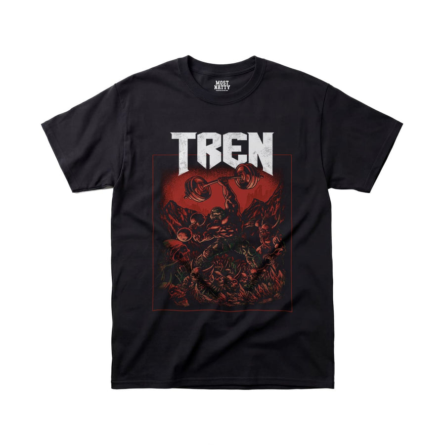 Most Natty Tren Slayer gym t-shirt front flat lay on white background