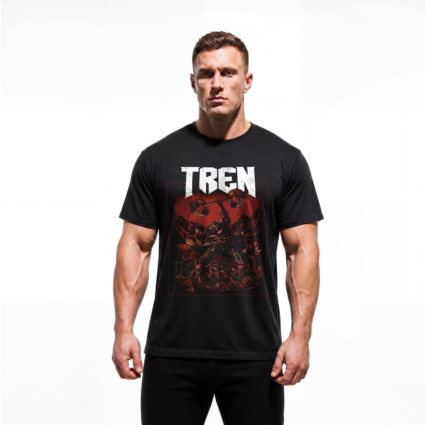 Model wearing Most Natty Tren Slayer bodybuilding t-shirt showing relaxed classic fit