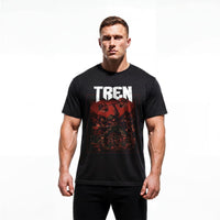 Model wearing Most Natty Tren Slayer bodybuilding t-shirt showing relaxed classic fit