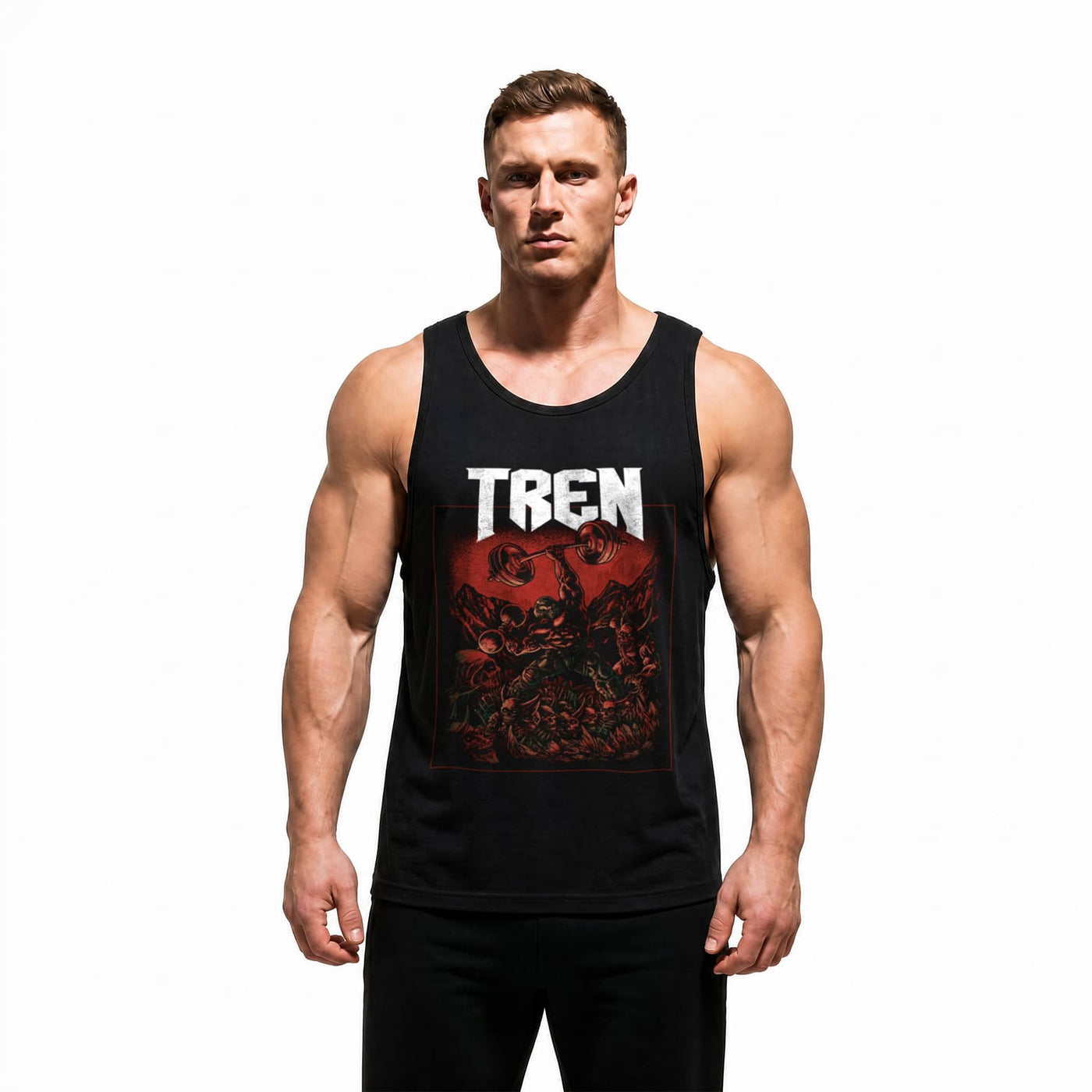 Model wearing Most Natty Tren Slayer bodybuilding tank top showing relaxed standard fit