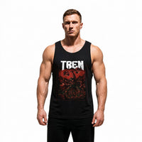 Model wearing Most Natty Tren Slayer bodybuilding tank top showing relaxed standard fit