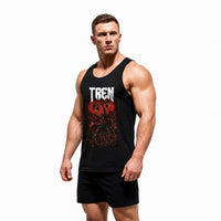 Model wearing Most Natty Tren Slayer bodybuilding tank top showing front graphic print