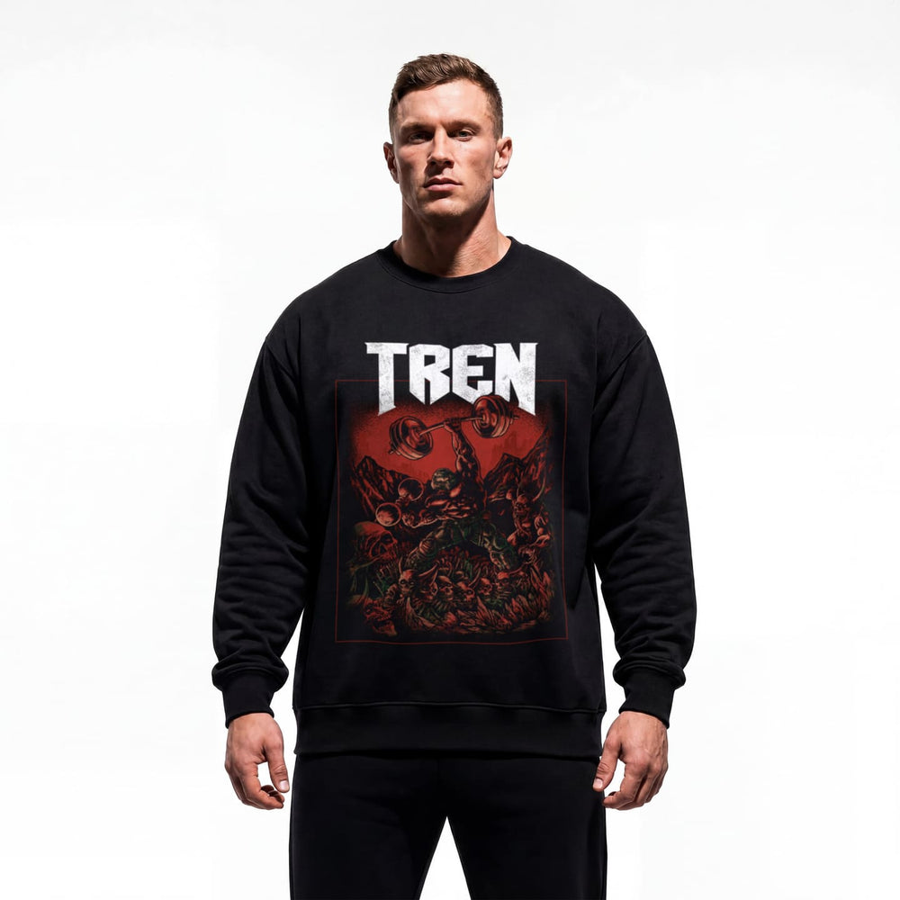 Model wearing Tren Slayer bodybuilding pump cover crewneck showing relaxed fit