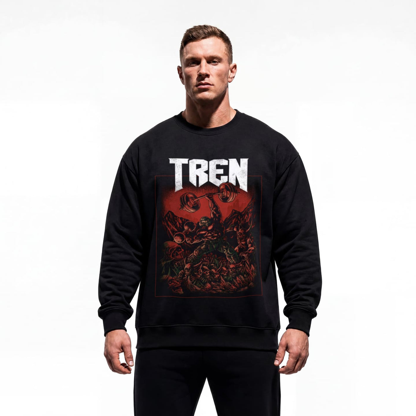 Model wearing Tren Slayer bodybuilding pump cover crewneck showing relaxed fit