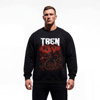 Model wearing Tren Slayer bodybuilding pump cover crewneck showing relaxed fit