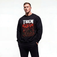 Model wearing Tren Slayer bodybuilding pump cover crewneck showing front graphic print