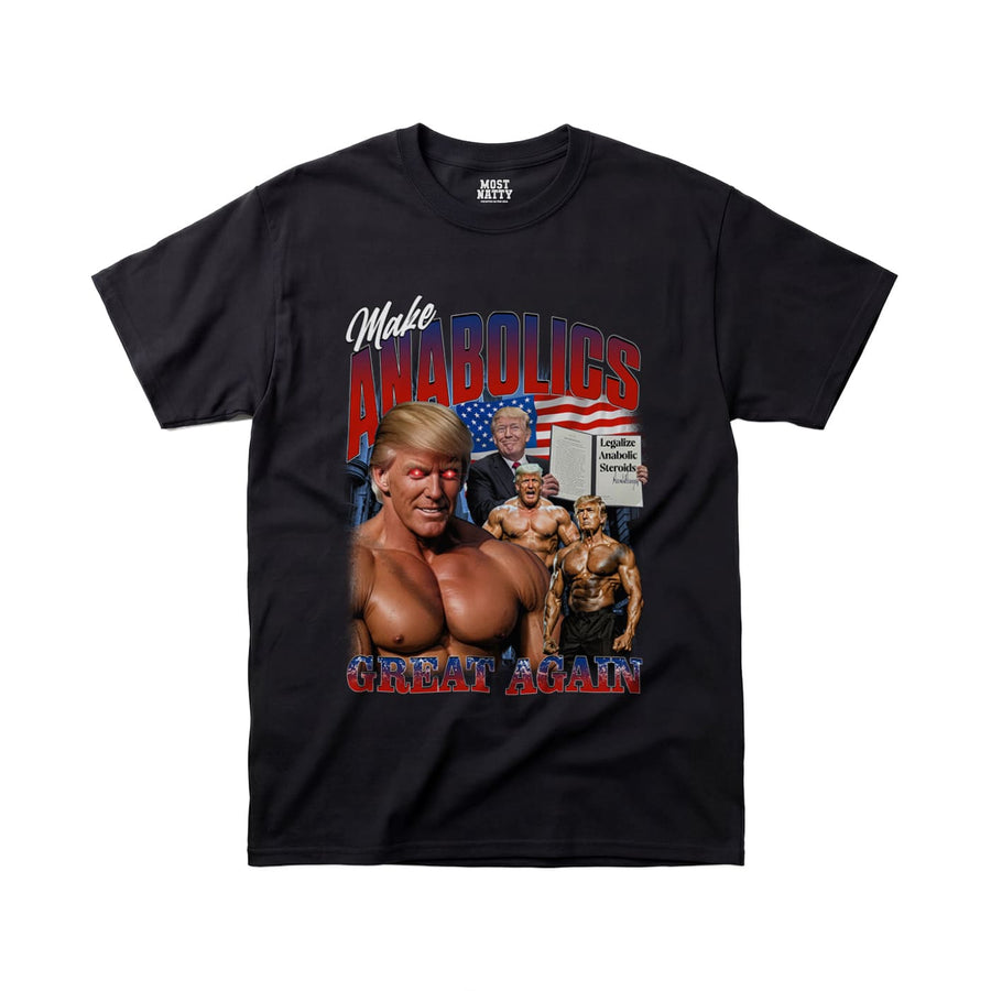 Most Natty Make Anabolics Great Again gym t-shirt front flat lay on white background