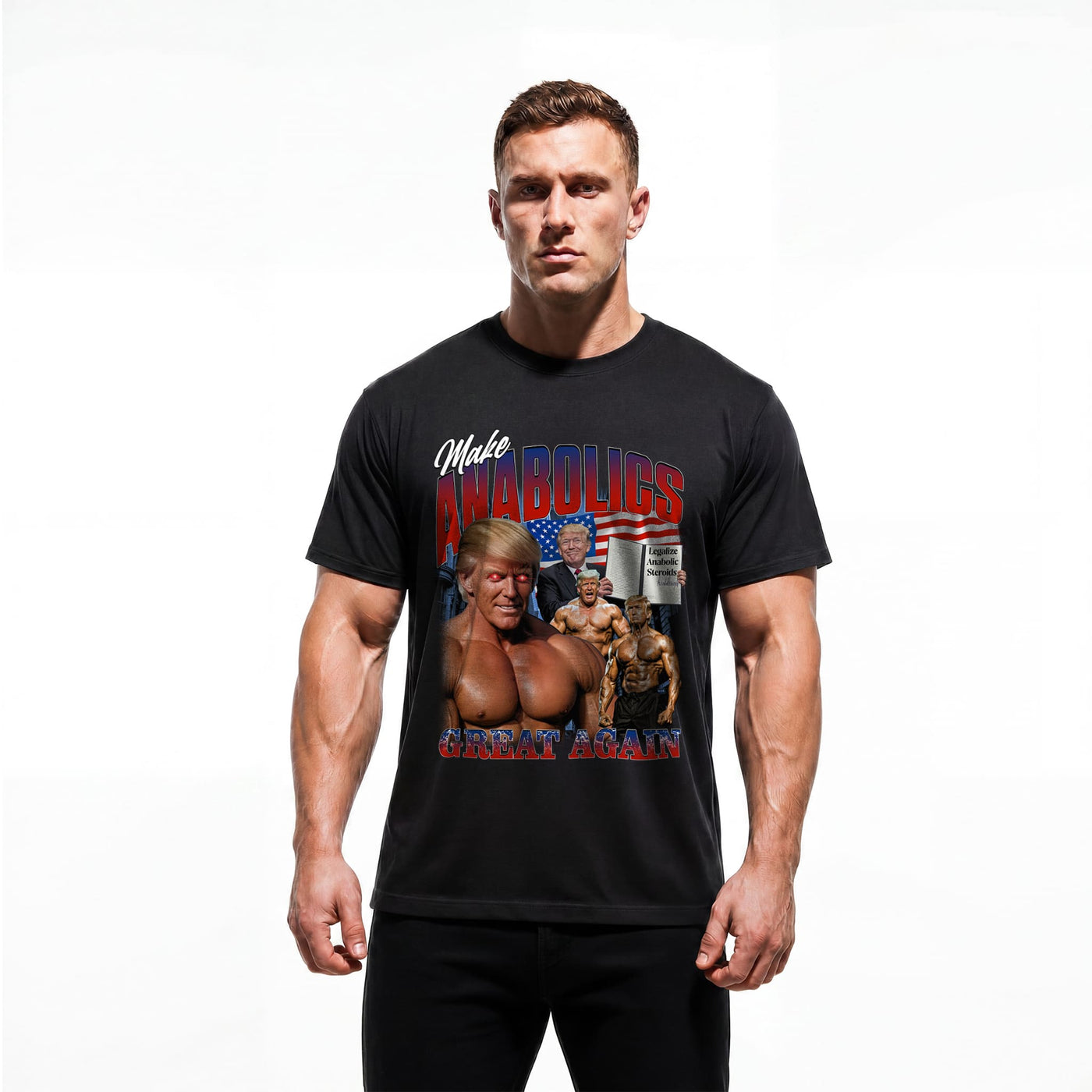 Model wearing Most Natty Make Anabolics Great Again bodybuilding t-shirt showing relaxed classic fit
