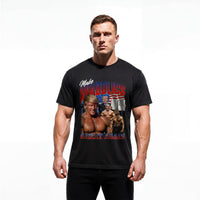 Model wearing Most Natty Make Anabolics Great Again bodybuilding t-shirt showing relaxed classic fit