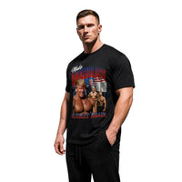 Model wearing Most Natty Make Anabolics Great Again bodybuilding t-shirt showing front graphic print