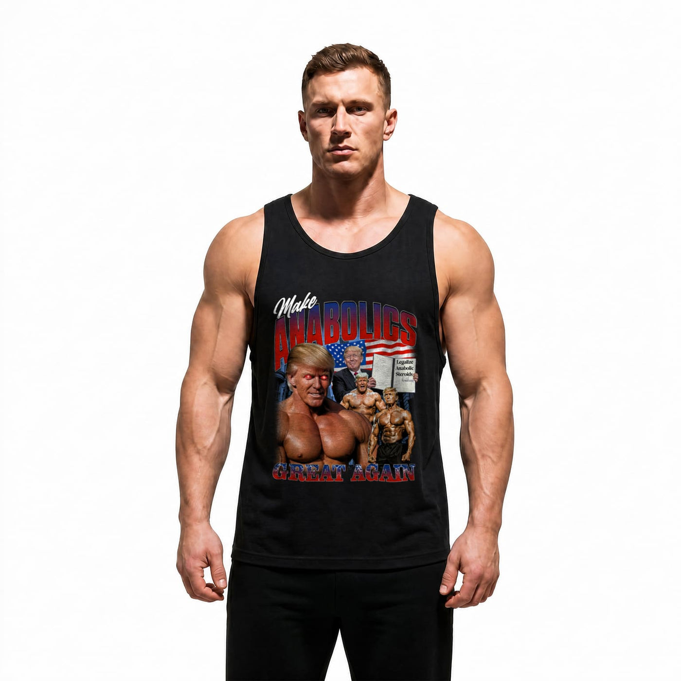 Model wearing Most Natty Make Anabolics Great Again bodybuilding tank top showing relaxed standard fit