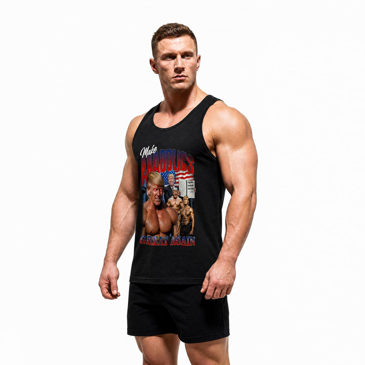 Model wearing Most Natty Make Anabolics Great Again bodybuilding tank top showing front graphic print