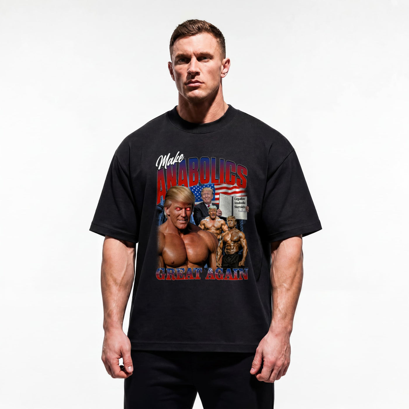 Model wearing Most Natty Make Anabolics Great Again bodybuilding oversized t-shirt feraturing Trump paroduy design showing relaxed drop-shoulder fit