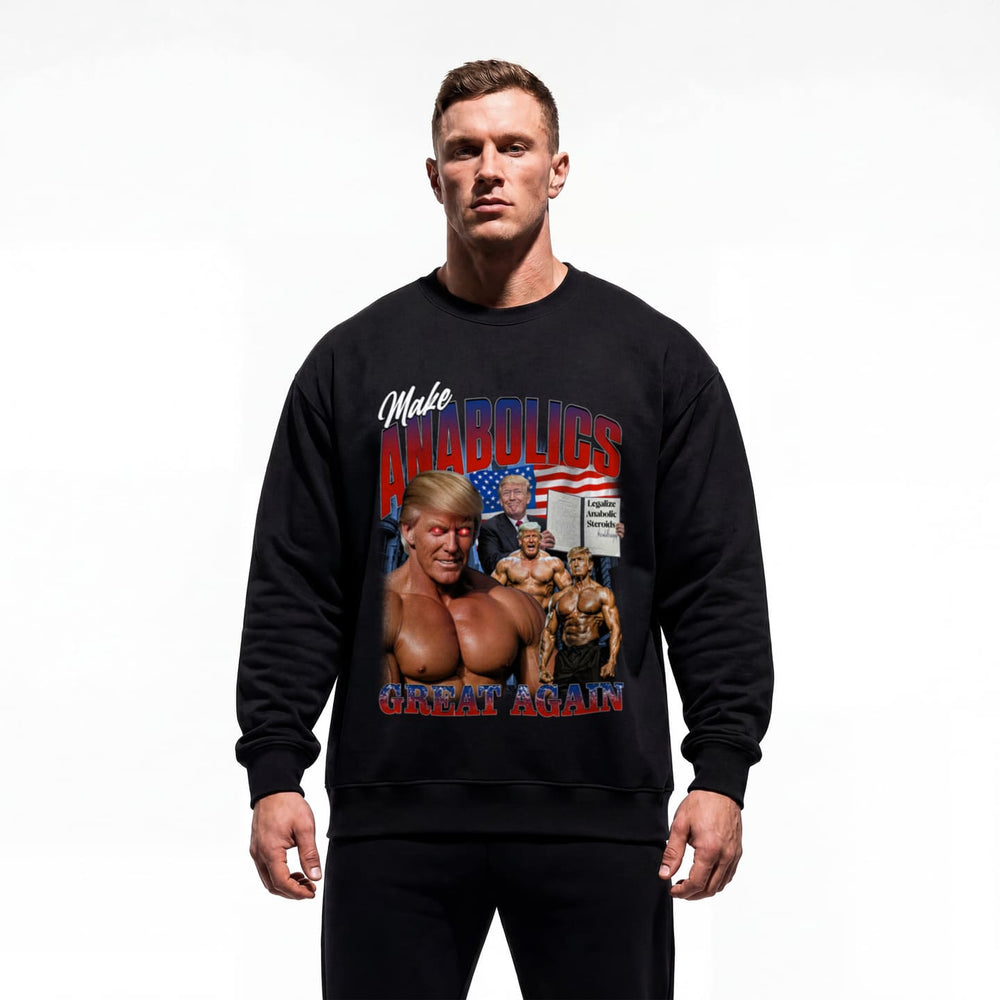 Model wearing Donald Trump Make Anabolics Great Again bodybuilding pump cover crewneck showing relaxed fit