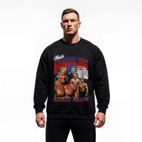Model wearing Donald Trump Make Anabolics Great Again bodybuilding pump cover crewneck showing relaxed fit