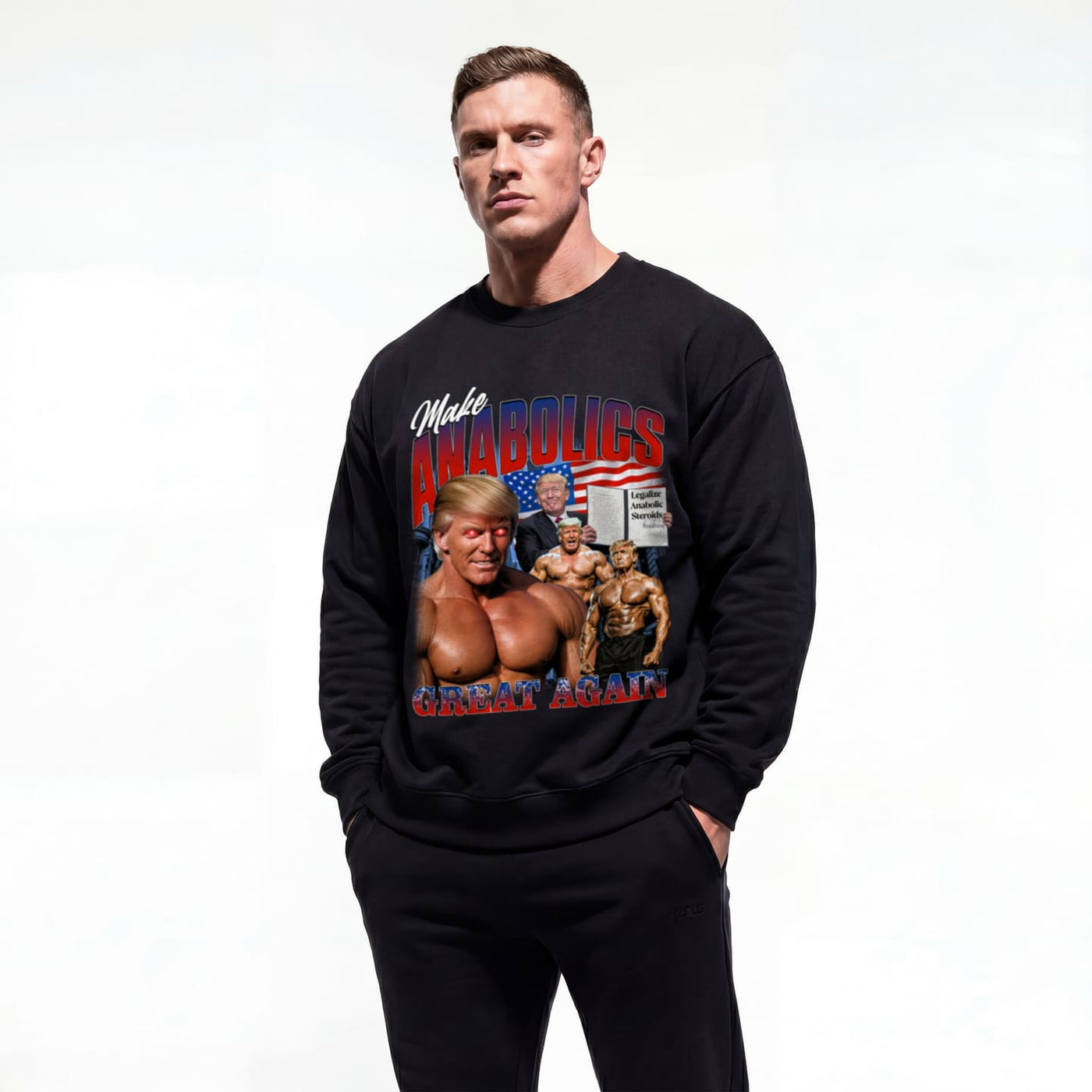 Model wearing Donald Trump Make Anabolics Great Again bodybuilding pump cover crewneck showing front graphic print