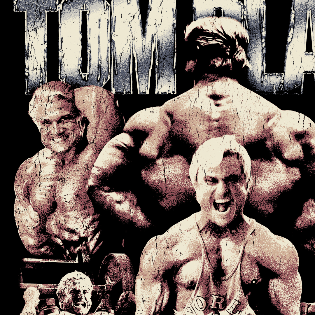 Close-up detail of Tom Platz Achieve Failure vintage tribute with cracked and worn texture treatment showing cracked vintage print texture