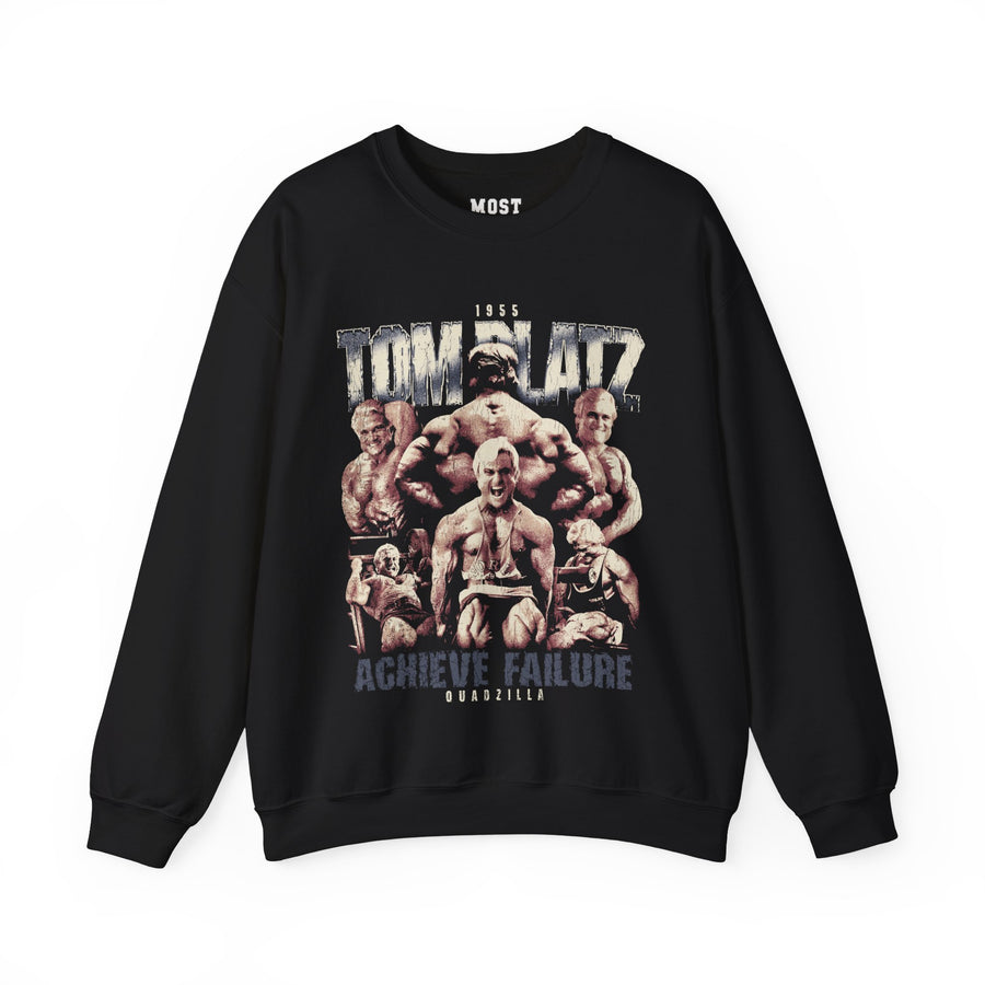 Tom Platz Achieve Failure gym pump cover crewneck front flat lay on white background