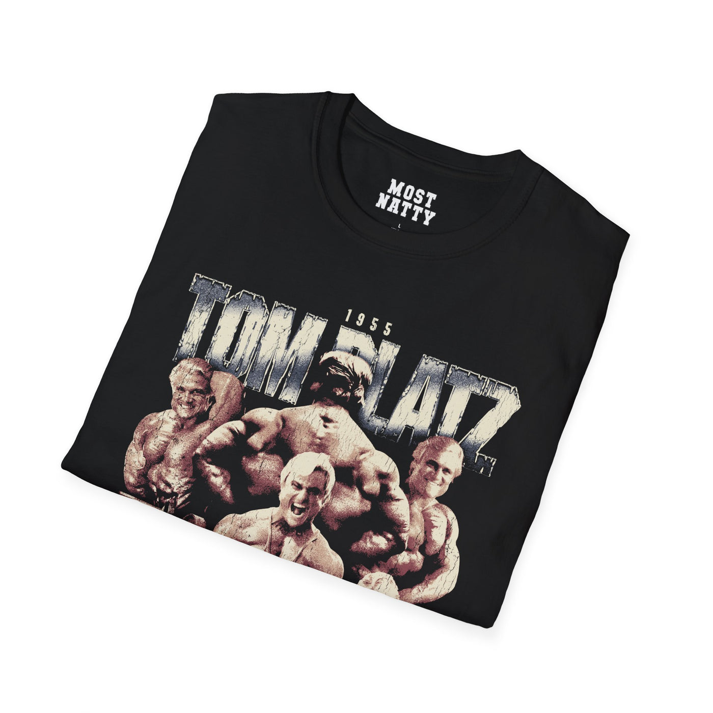 Most Natty Achieve Failure Tom Platz gym t-shirt folded showing black garment fabric and classic fit