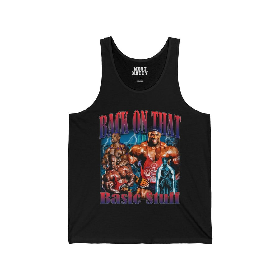 Most Natty Back On That Basic Stuff gym tank top front flat lay on white background