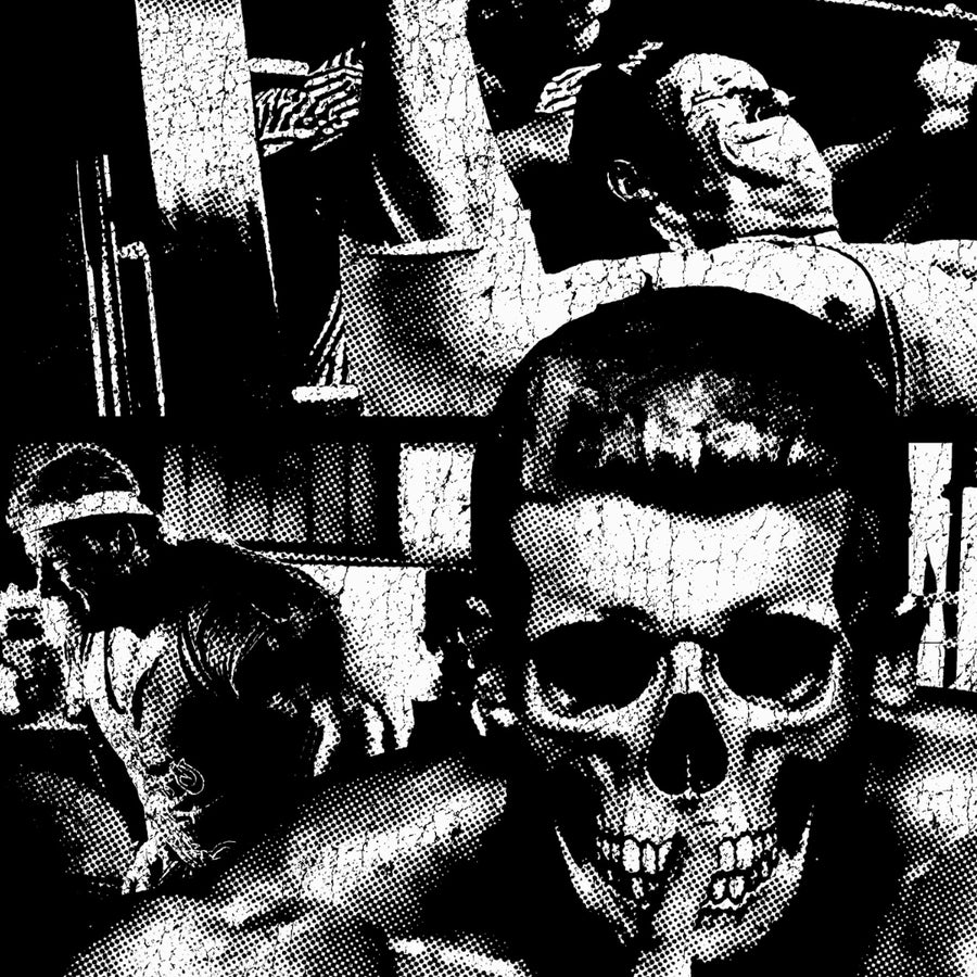Close-up detail of Dorian Yates Blood and Guts black and white death metal album art style graphic with skull imagery, halftone effect, and gothic metal typography showing halftone print texture