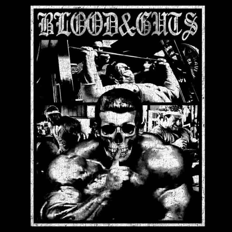 Dorian Yates Blood & Guts black and white heavy metal album art style graphic with skull imagery, halftone effect, and gothic metal typography