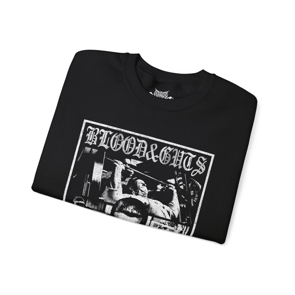 Dorian Yates Blood and Guts gym pump cover crewneck folded showing black fleece fabric and relaxed oversized fit