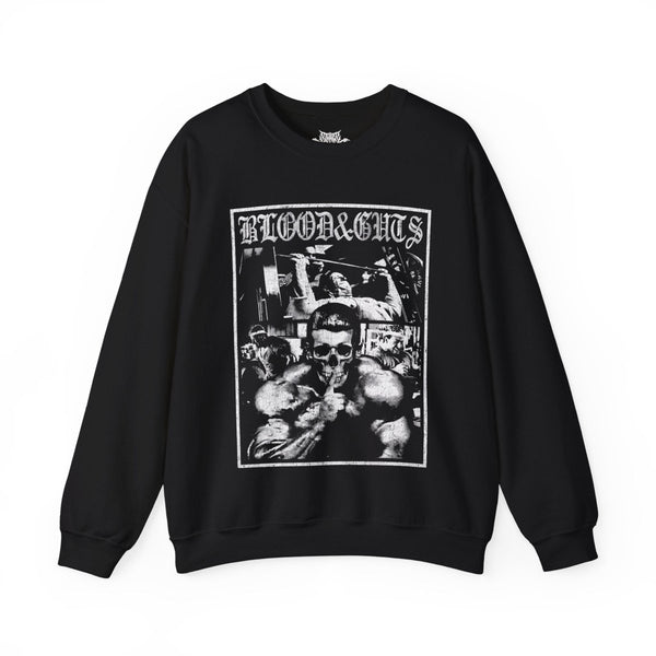 Dorian Yates Blood and Guts gym pump cover crewneck front flat lay on white background
