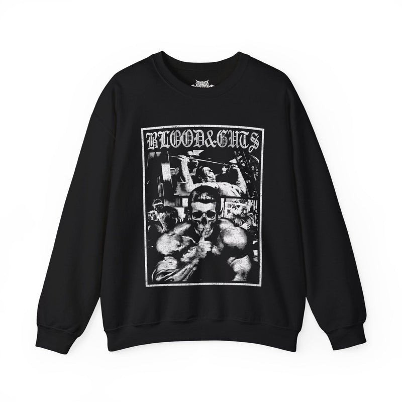 Dorian Yates Blood and Guts gym pump cover crewneck front flat lay on white background