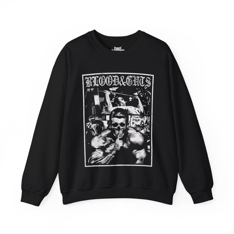 Dorian Yates Blood and Guts gym pump cover crewneck front flat lay on white background