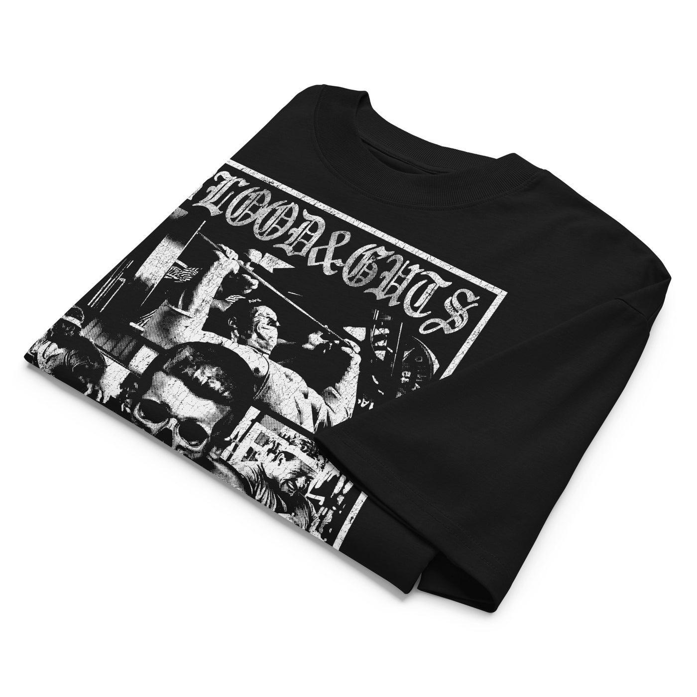 Most Natty Blood and Guts oversized gym t-shirt folded showing black garment fabric and drop-shoulder cut