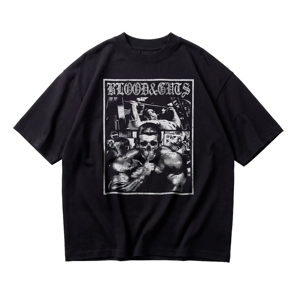 Dorian Yates Blood and Guts oversized gym t-shirt front flat lay on white background