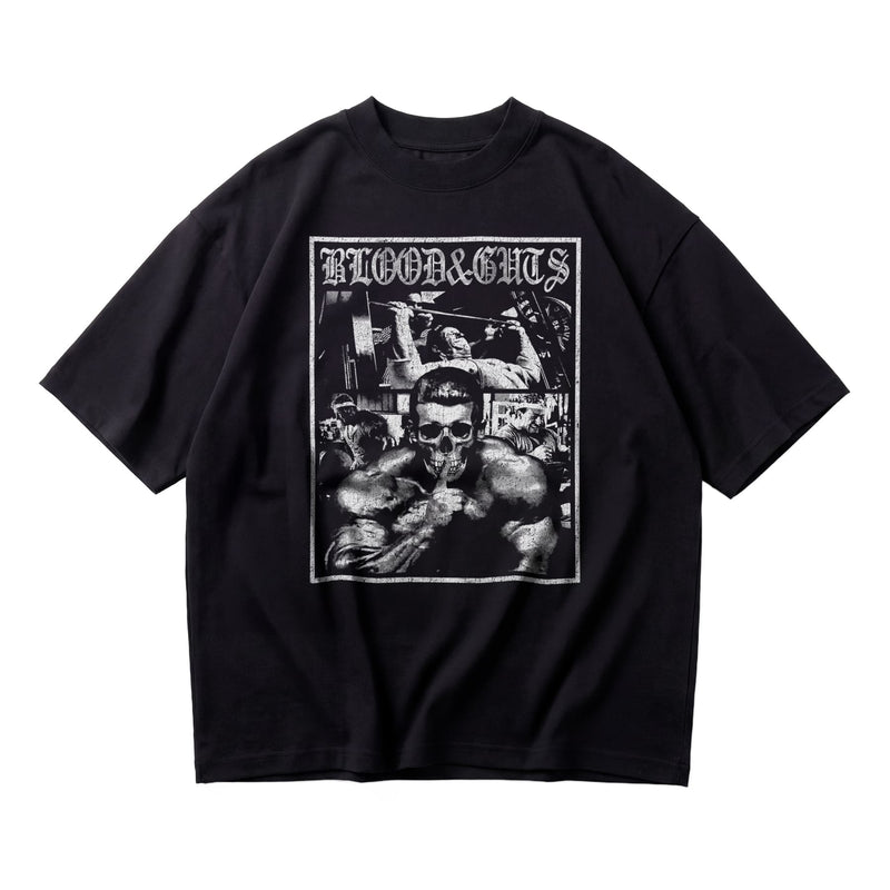 Dorian Yates Blood and Guts oversized gym t-shirt front flat lay on white background