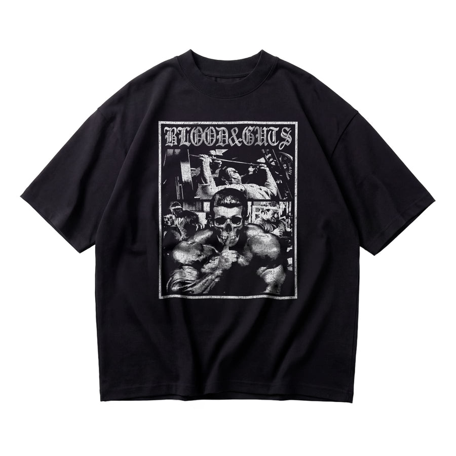 Dorian Yates Blood and Guts oversized gym t-shirt front flat lay on white background
