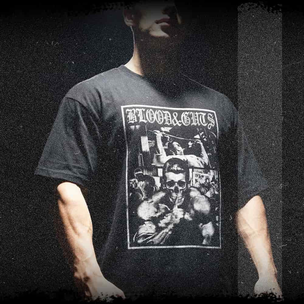 Man wearing the Blood and Guts black t-shirt, a Dorian Yates tribute graphic in gritty black and white