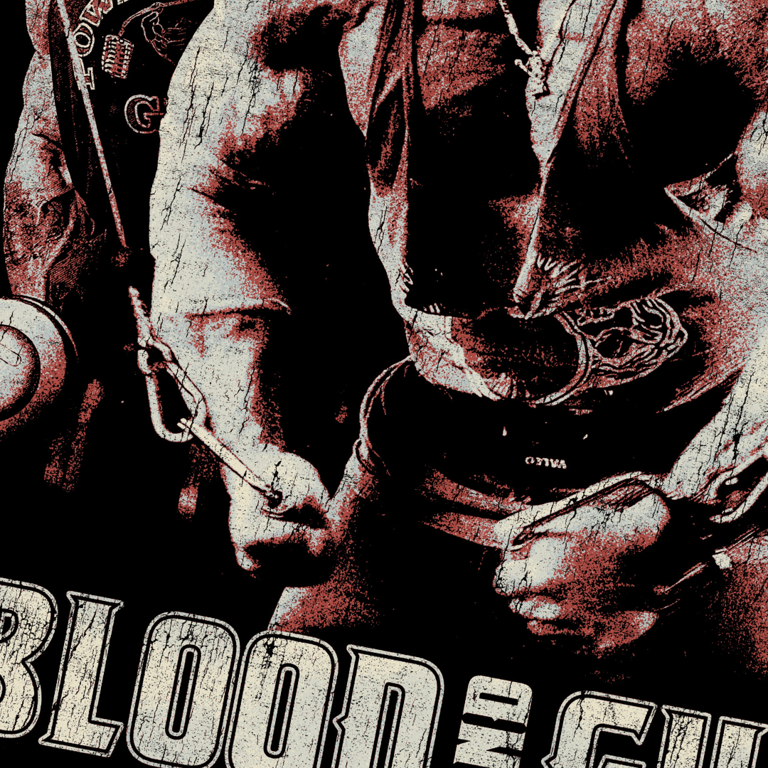 Close-up detail of Dorian Yates Blood and Guts vintage tribute showing cracked, worn texture and warm sepia tones