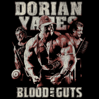 Dorian Yates Blood and Guts vintage tribute with triple-pose collage in warm sepia and red tones with weathered block serif typography by Most Natty