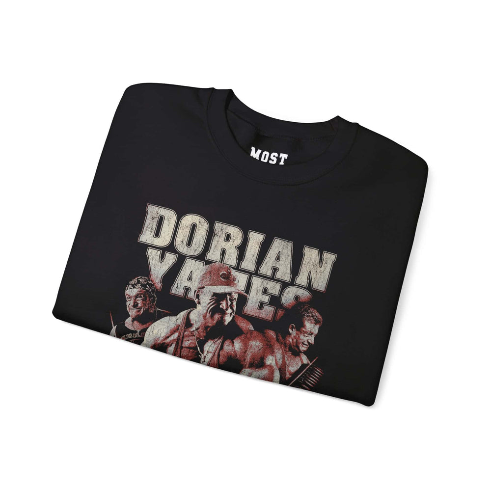 Dorian Yates Blood and Guts gym pump cover crewneck folded showing black fleece fabric and relaxed fit