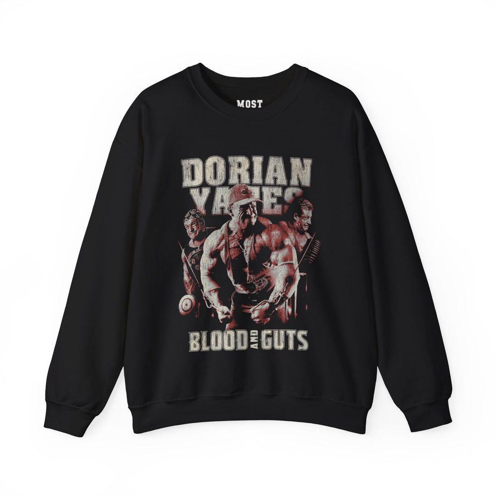 Dorian Yates Blood and Guts gym pump cover crewneck front flat lay on white background