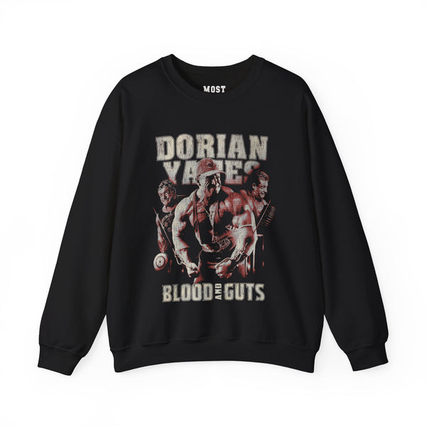 Dorian Yates Blood and Guts gym pump cover crewneck front flat lay on white background