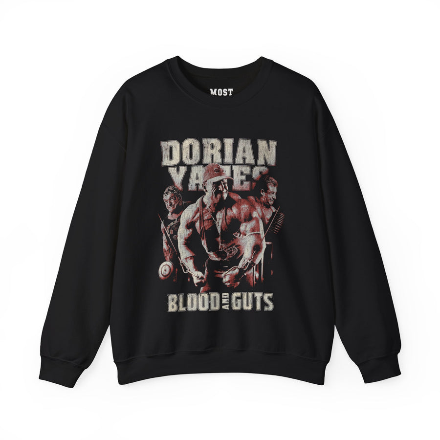 Dorian Yates Blood and Guts gym pump cover crewneck front flat lay on white background