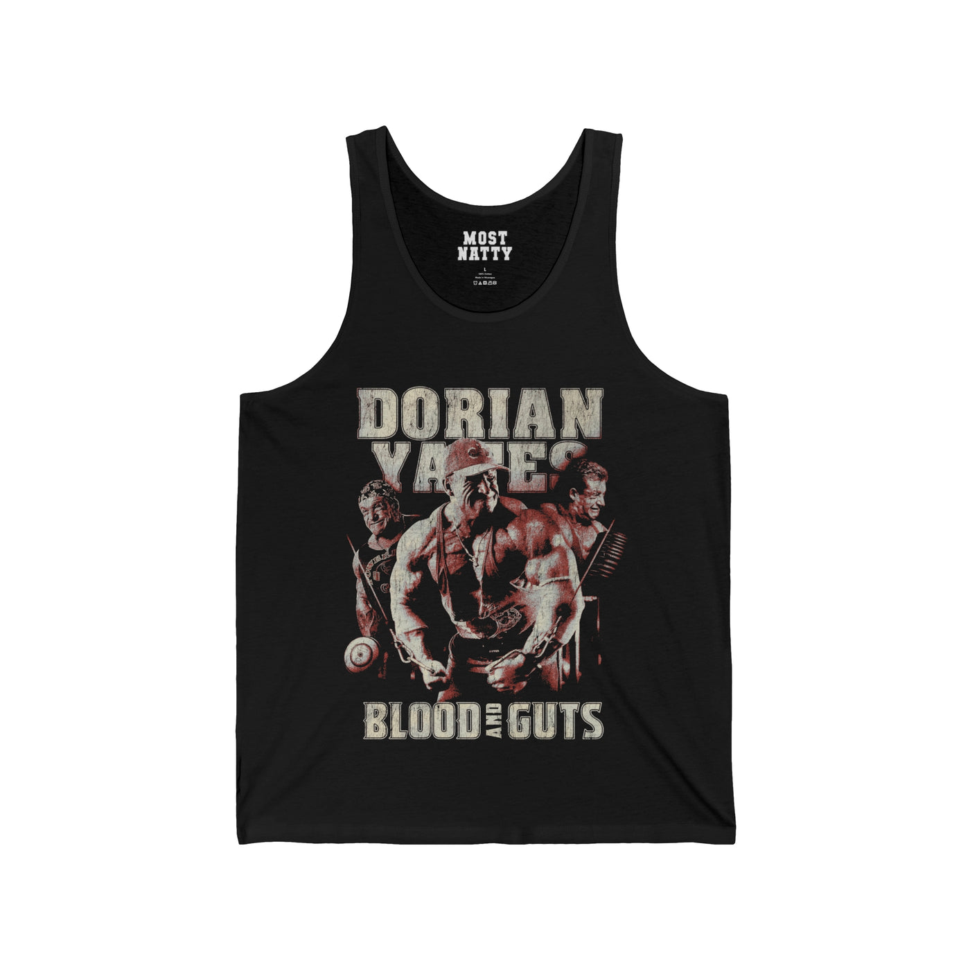 Most Natty Blood and Guts gym tank top front flat lay on white background