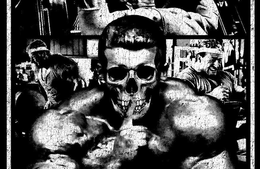 Black and white image of a Dorian Yates with a skull head, surrounded by other figures in a gym setting.