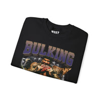 Rich Piana Bulking Season gym pump cover crewneck folded showing black fleece fabric and relaxed fit