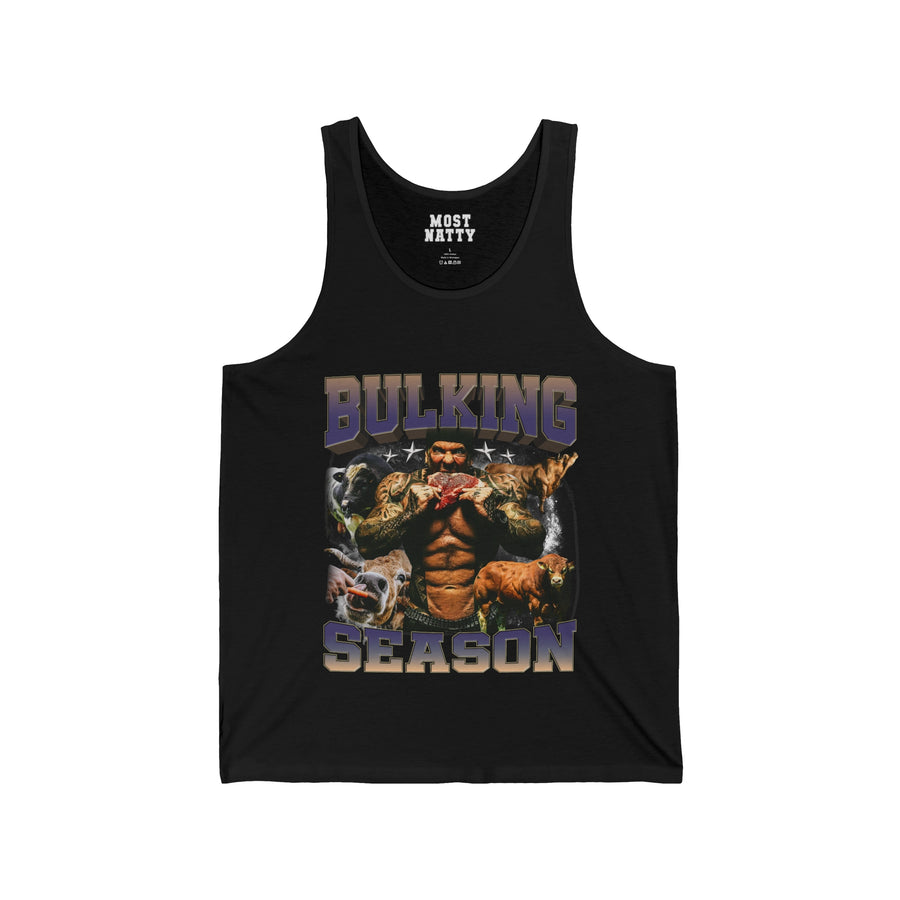 Most Natty Bulking Season gym tank top front flat lay on white background