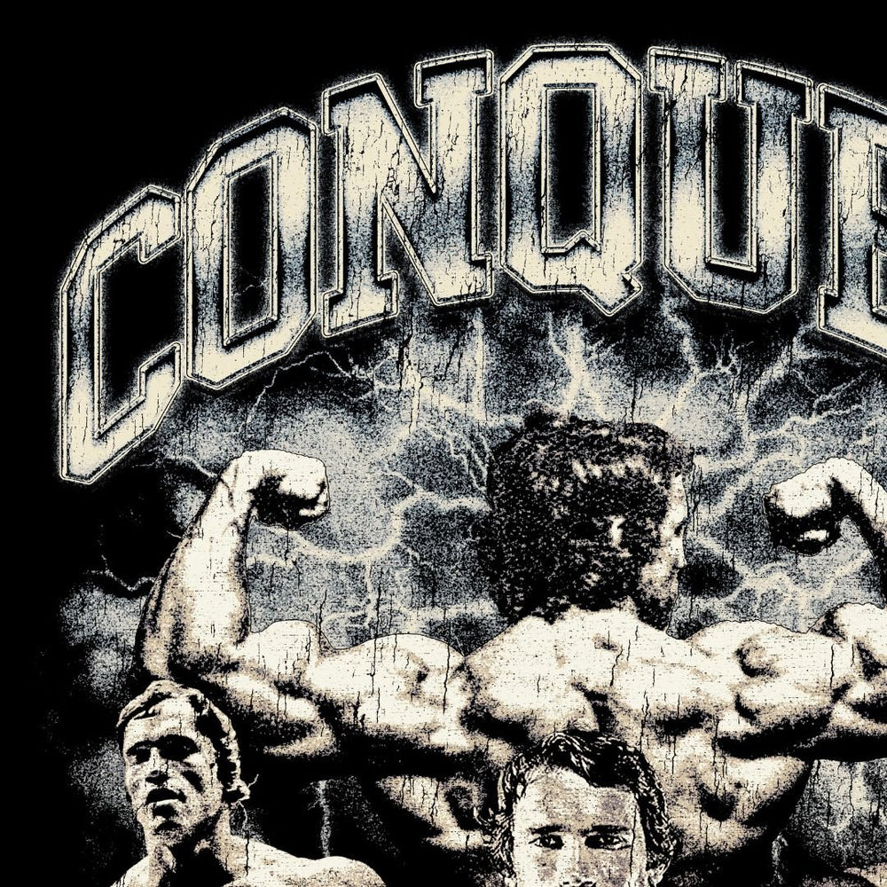 Close-up detail of Arnold Schwarzenegger Conquer vintage tribute design with cracked and worn texture treatment showing cracked vintage print texture