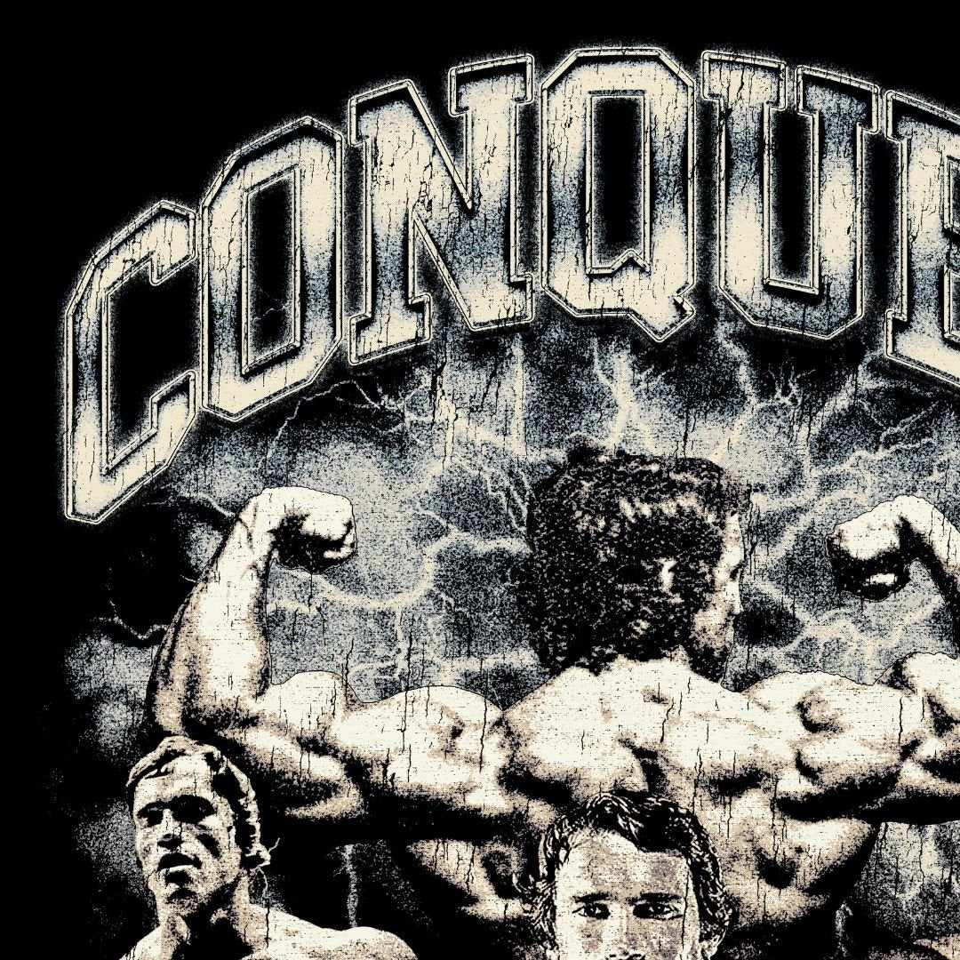 Close-up detail of Arnold Schwarzenegger Conquer vintage tribute design with cracked and worn texture treatment showing cracked vintage print texture