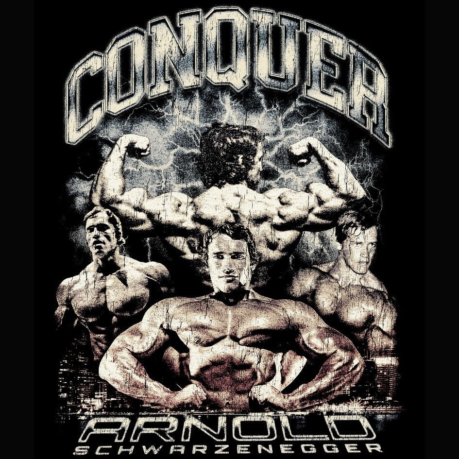 Arnold Schwarzenegger Conquer vintage tribute with cracked and worn texture treatment by Most Natty