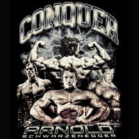 Arnold Schwarzenegger Conquer vintage tribute design with cracked and worn texture treatment