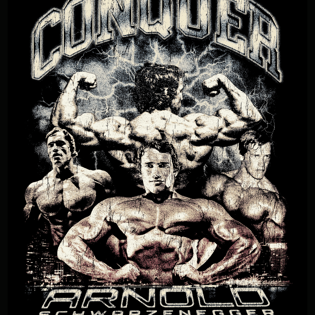 Arnold Schwarzenegger Conquer vintage tribute with cracked and worn texture treatment by Most Natty